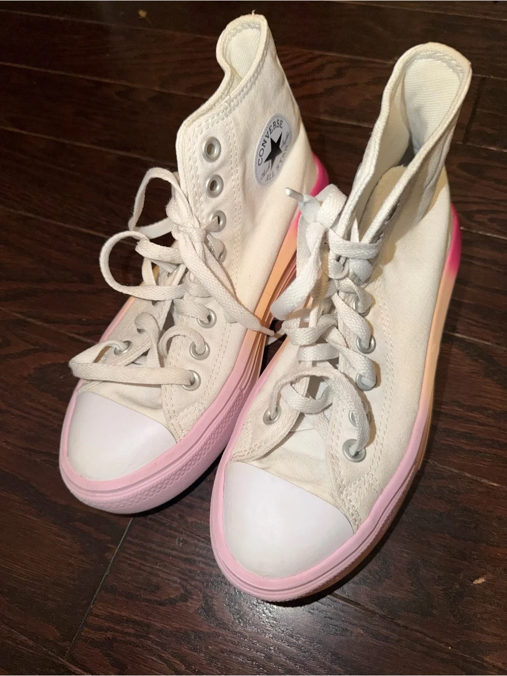 Girls Converse High Top Platform Sneakers in White with Pink and Orange Sole